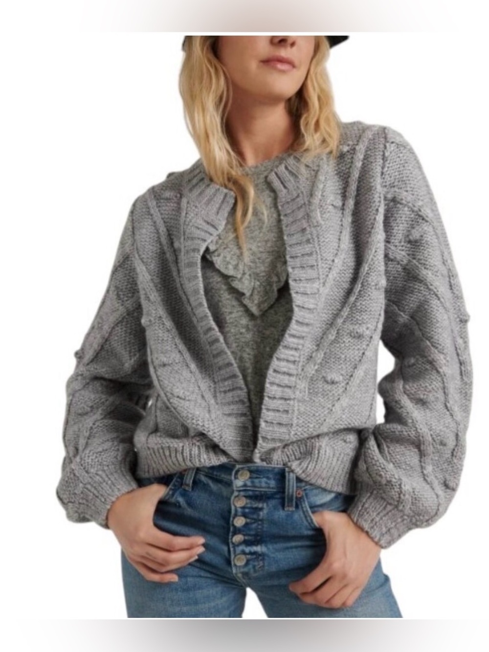 Lucky Brand Open Front Textured Bobble Cardigan Sweater in Heathered Gray XL